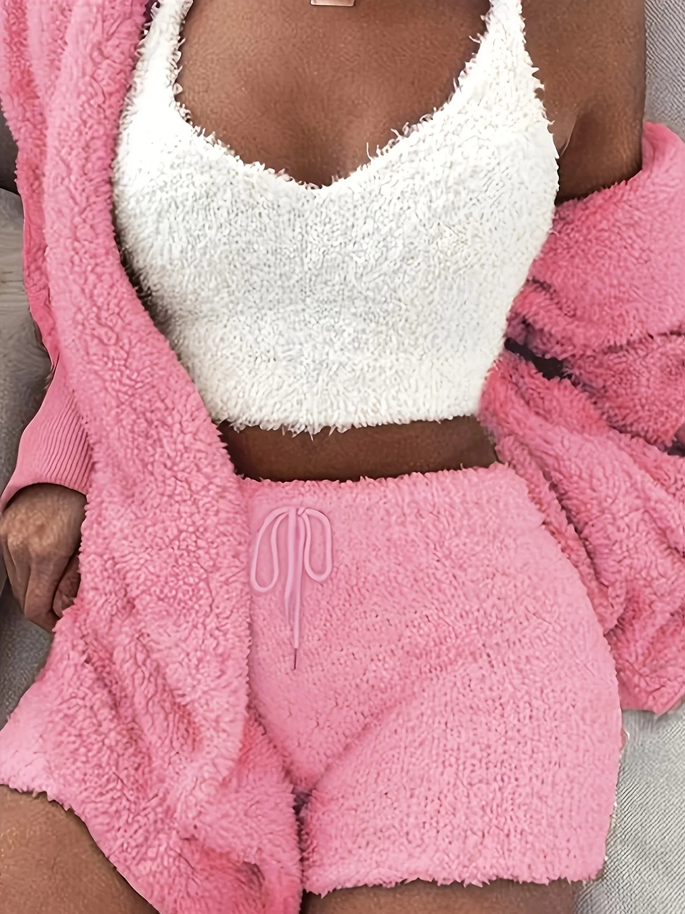 deanwangkt-1  Warm Fuzzy Pajama Set, Long Sleeve Hooded Robe & Tank Top & Drawstring Shorts, Women's Sleepwear & Loungewear - Deanwangkt