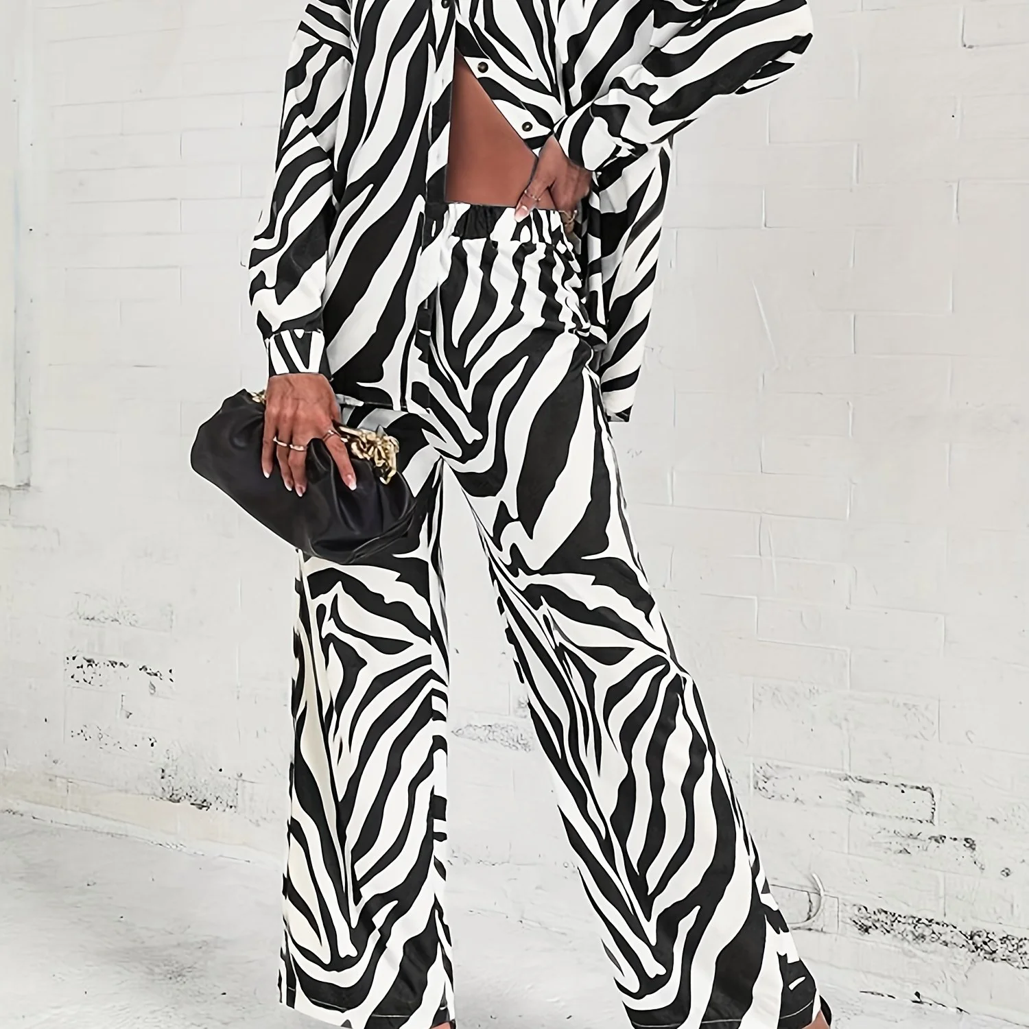 deanwangkt-1 Zebra Print Two-piece Set, Elegant Long Sleeve Button Shirt & Wide Leg Pants Outfits, Women's Clothing - Deanwangkt