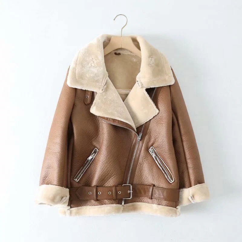 Black Friday Sales Women Winter Warm Thick Windproof Motorcycle Coat With Belt Brown Suede Jacket Faux Lamb Leather Jacket Outwear - Deanwangkt