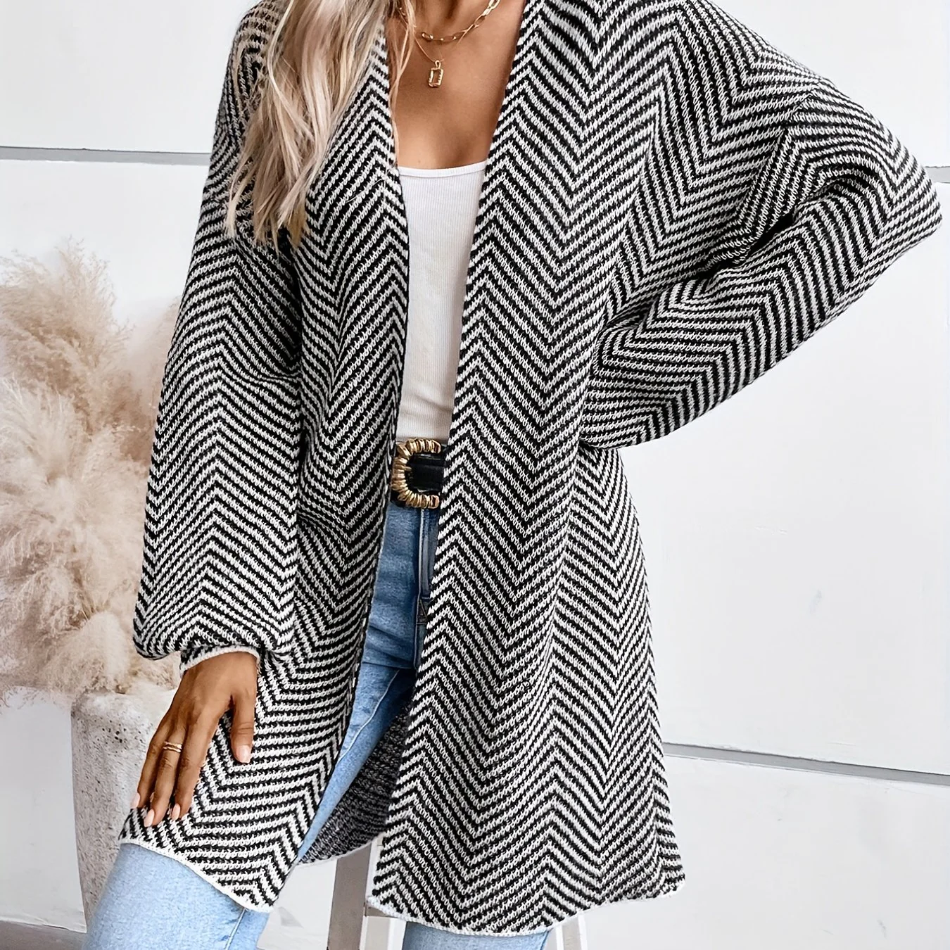 Striped Open Front Cardigan, Casual Lantern Sleeve Cardigan For Fall & Winter, Women's Clothing - Deanwangkt