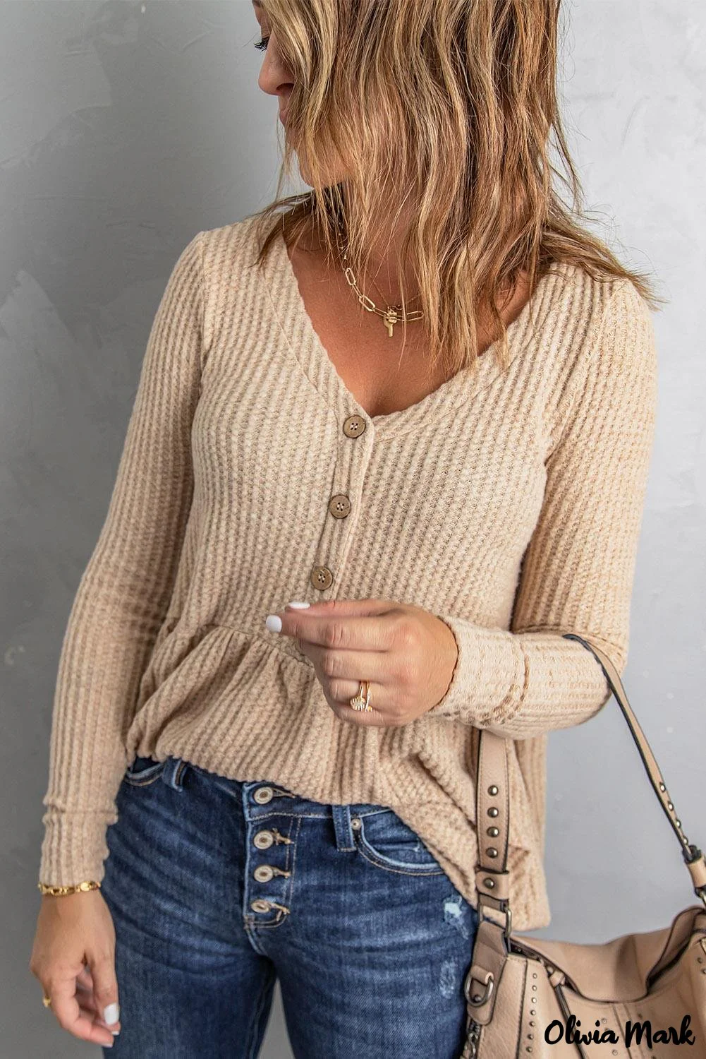 Deanwangkt - Waffle Knit Long Sleeve Buttoned V-Neck Top - Deanwangkt