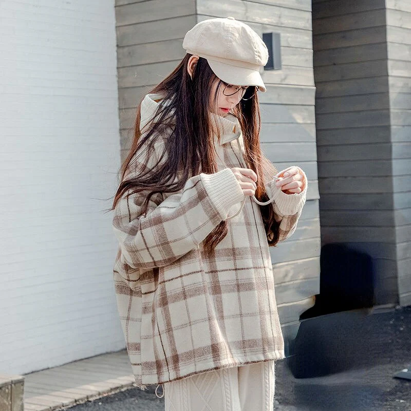 Christmas Gift Deanwangkt Autumn Winter Plaid Hoodies Turtleneck Women Deanwangkt Korean Fashion Casual Hooded Sweatshirt Schoon Student Clothes - Deanwangkt