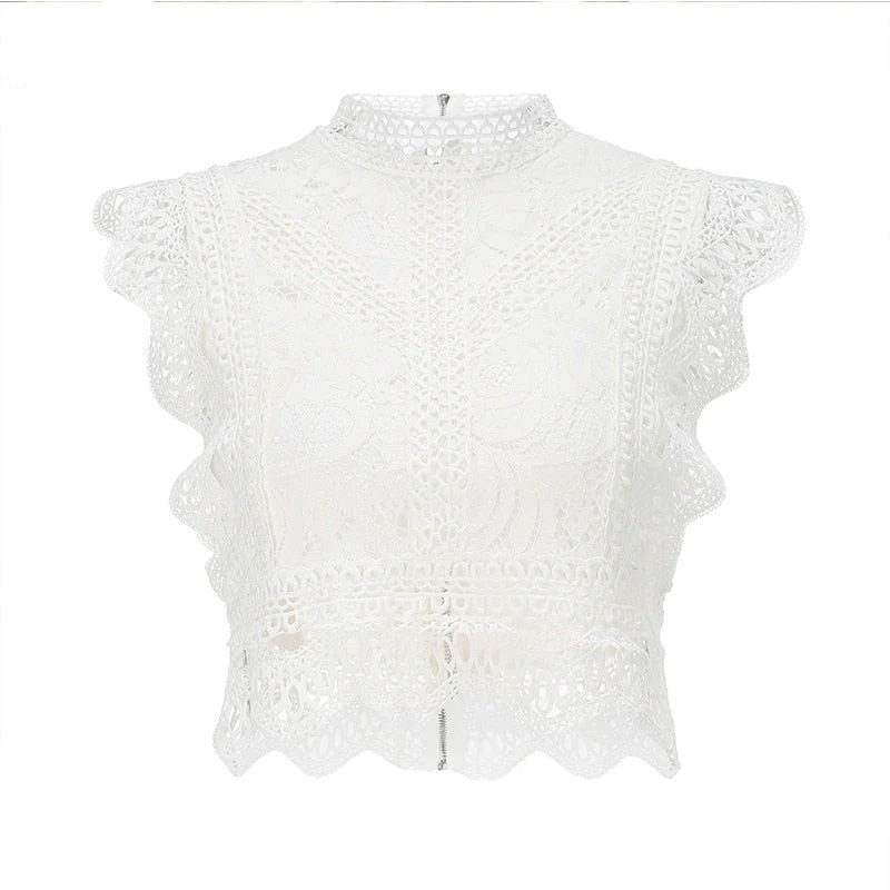 Christmas Gift Aproms White Lace Crochet Tank Tops Women Summer Sexy High Neck Hollow out Zipper Crop Top Slim Fit Tees Deanwangkt - Deanwangkt