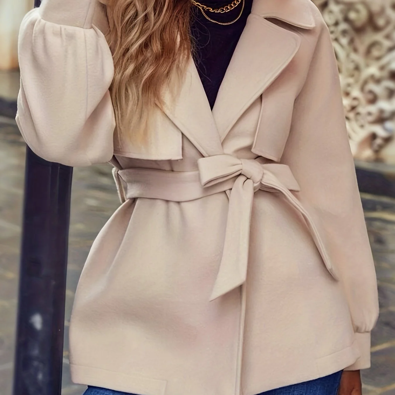 deanwangkt-1  Lapel Open Front Coat, Elegant Solid Long Sleeve Versatile Outerwear, Women's Clothing - Deanwangkt