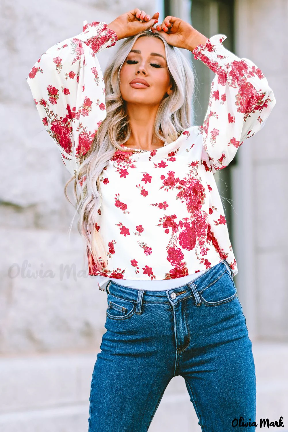 Deanwangkt - Pink floral blouse with round neck and bishop sleeves - Deanwangkt