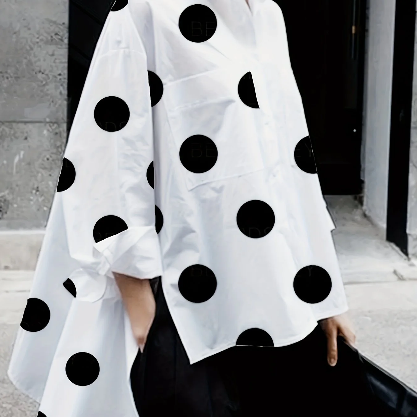 Polka Dot Print Dipped Hem Blouse, Casual Button Front Long Sleeve Blouse, Women's Clothing - Deanwangkt