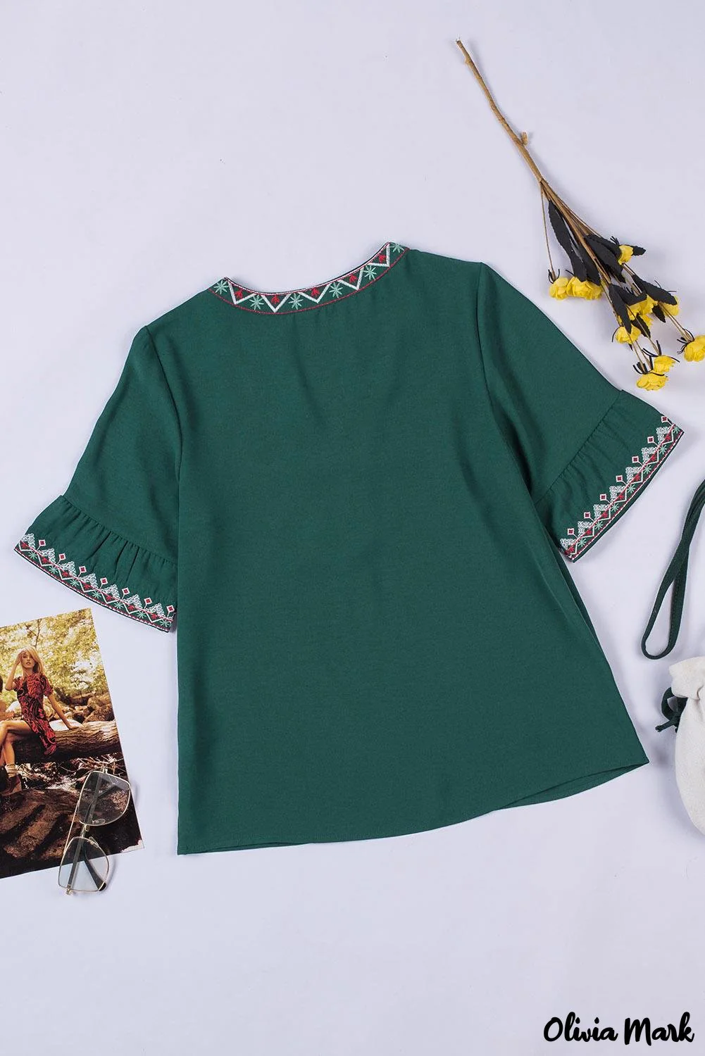 Deanwangkt - Green Bohemian Floral V-Neck Casual Blouse - Deanwangkt