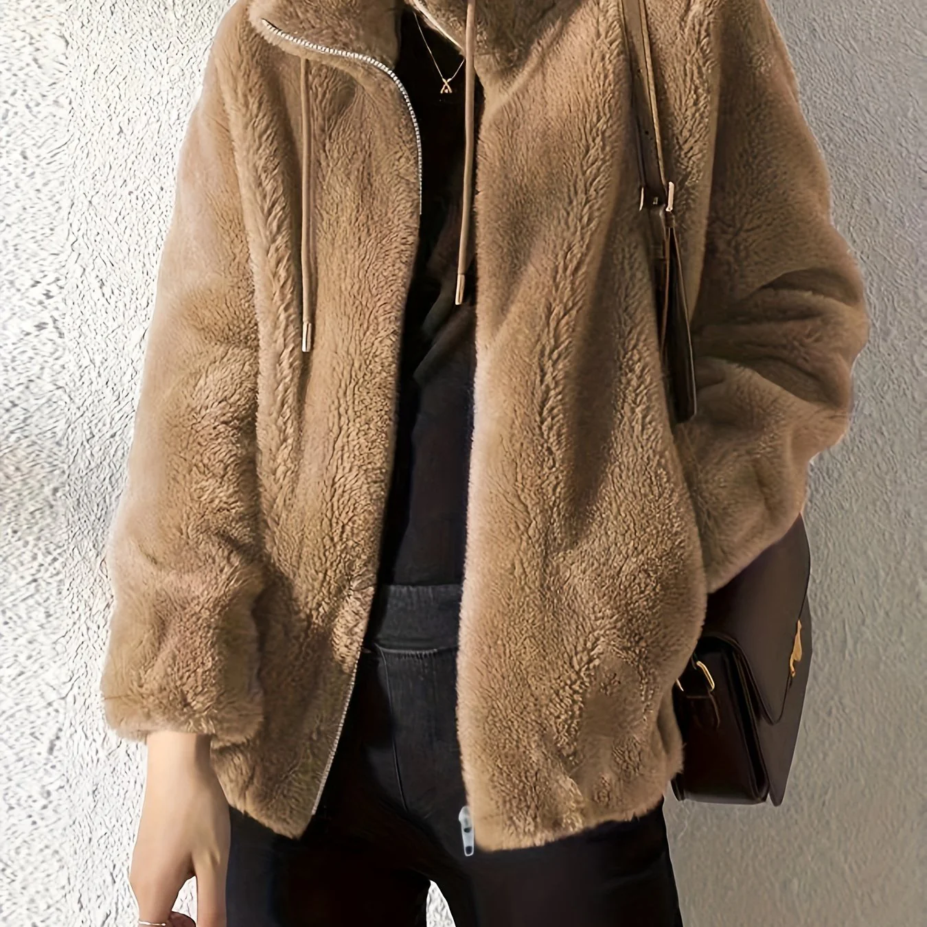 deanwangkt-1 Drawstring Teddy Coat, Casual Zip Up Long Sleeve Warm Outerwear, Women's Clothing - Deanwangkt