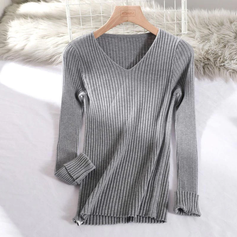 Christmas Gift Deanwangkt basic v-neck solid autumn winter Sweater Pullover Women Female Knitted sweater slim long sleeve badycon sweater cheap - Deanwangkt
