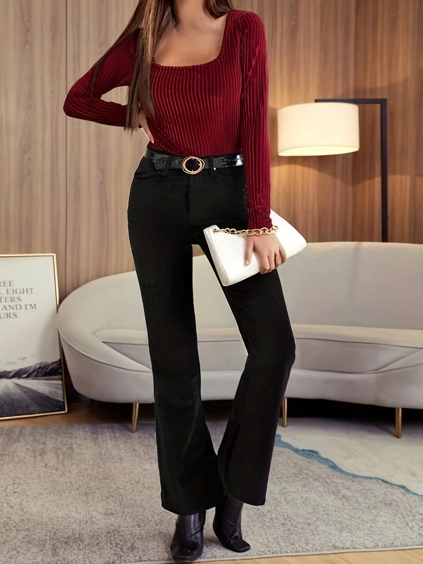 deanwangkt-1  Solid Ribbed Velvet T-Shirt, Elegant Long Sleeve Top For Spring & Fall, Women's Clothing - Deanwangkt