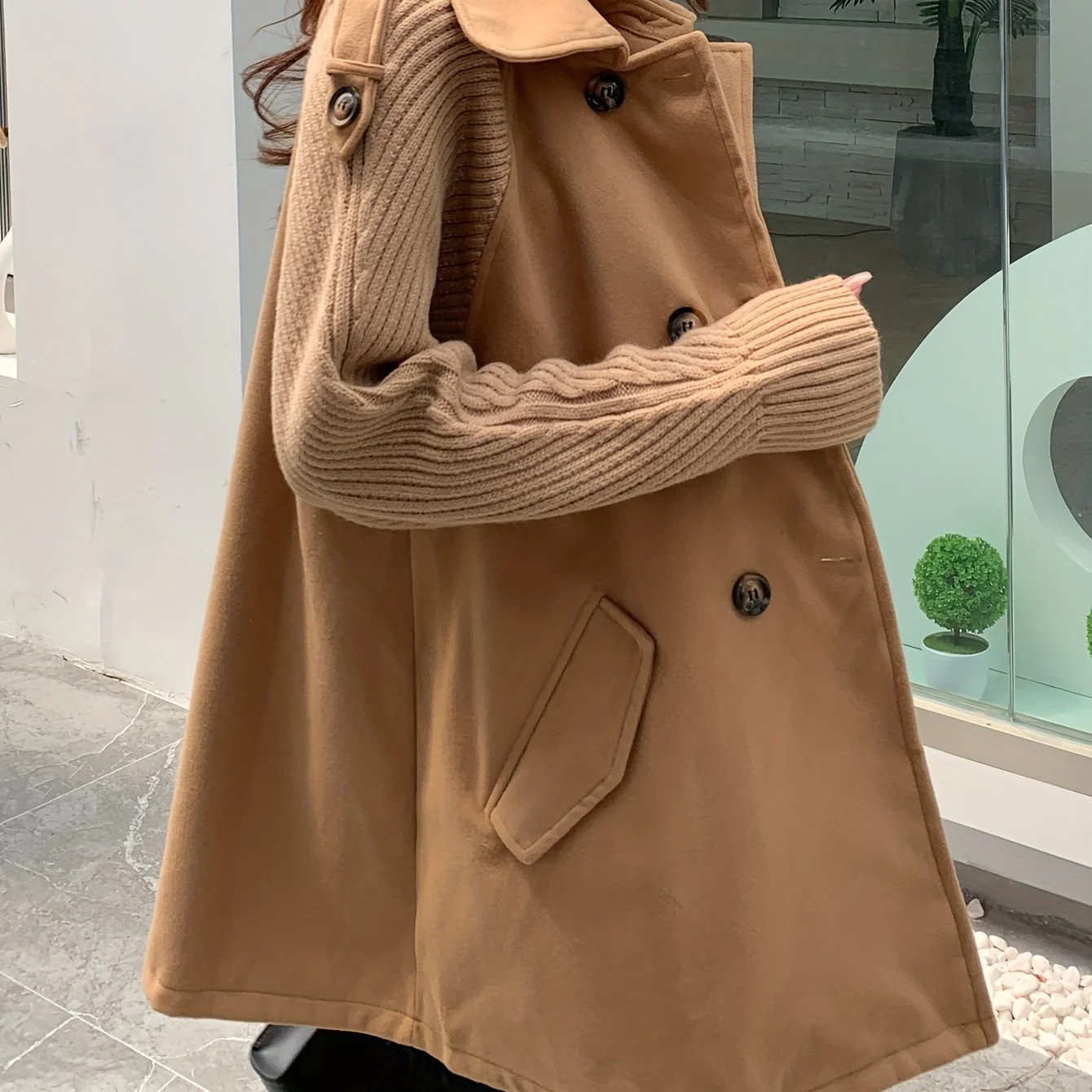 Solid Double Breasted Loose Overcoat, Versatile Long Sleeve Splicing Outwear For Fall & Winter, Women's Clothing - Deanwangkt