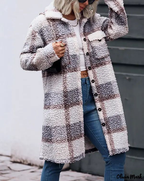 Deanwangkt - Pocket Pattern Plush Jacket with Plaid Button - Deanwangkt