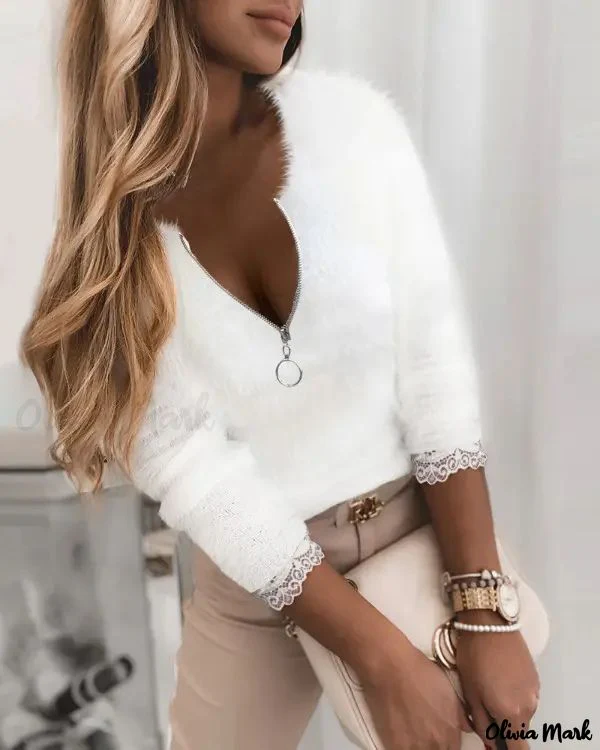 Deanwangkt - Contrast Lace Front Zipper Long Sleeve Fluffy Top - Deanwangkt