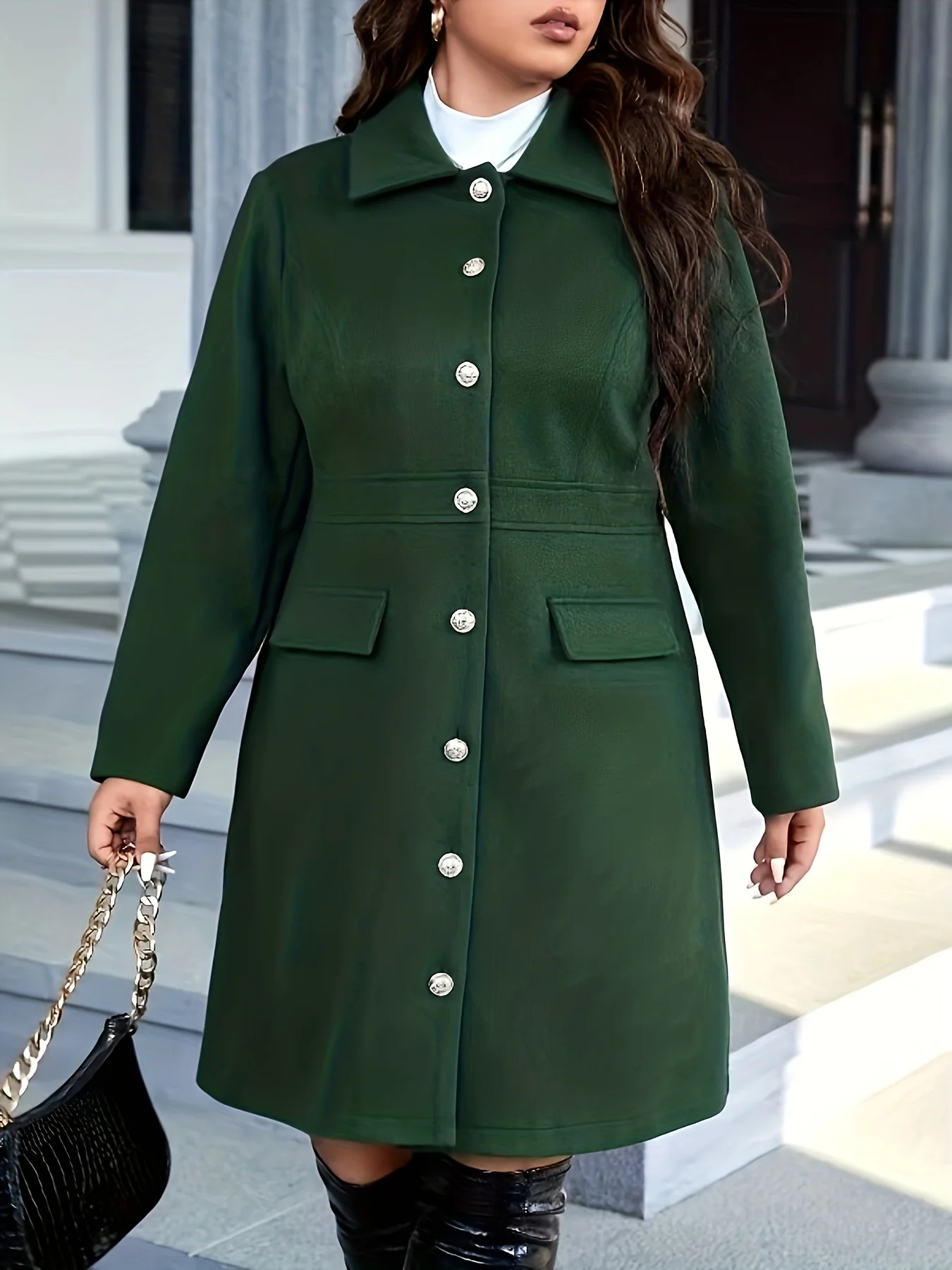 deanwangkt-1  Plus Size Elegant Coat, Women's Plus Solid Long Sleeve Button Up Lapel Collar Longline Woolen Coat With Flap Pockets - Deanwangkt