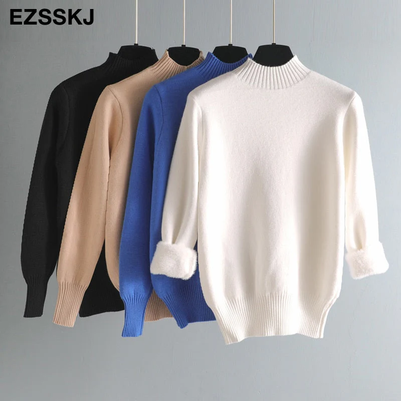 Christmas Gift Deanwangkt Autumn winter cashmere basic warm Sweater velvet Pullovers Women female fur thick Turtleneck sweater knit Jumpers top - Deanwangkt