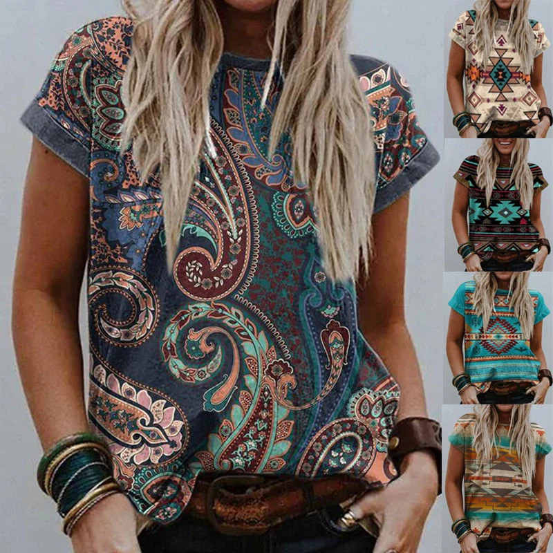 Christmas Gift Deanwangkt Summer Women New Urban Casual Round Neck Print Short Sleeve  T-shirt Ladies Retro Plus Size Loose Shirt Tops - Deanwangkt