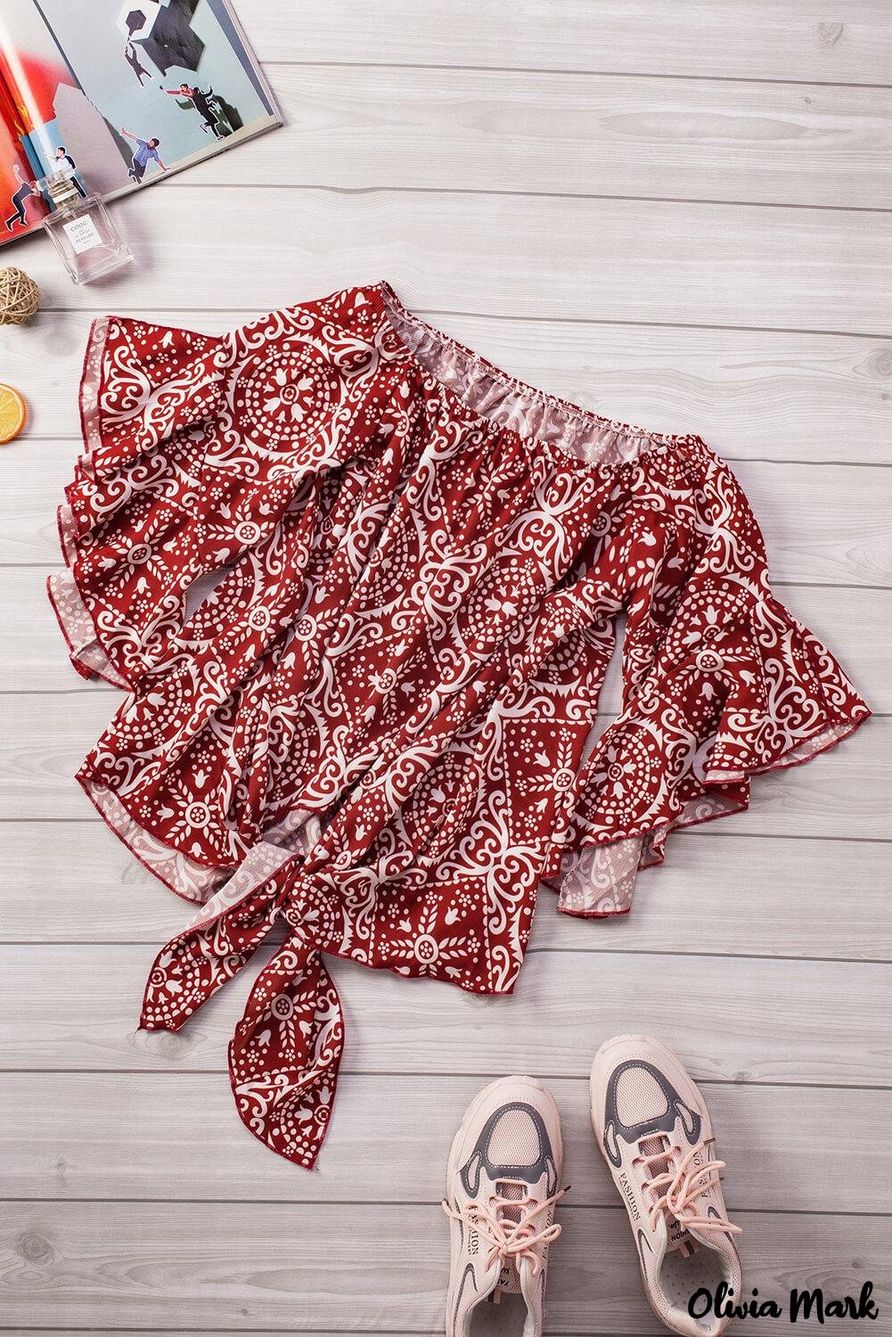 Deanwangkt - Bohemian red blouse with floral print and bare shoulders - Deanwangkt