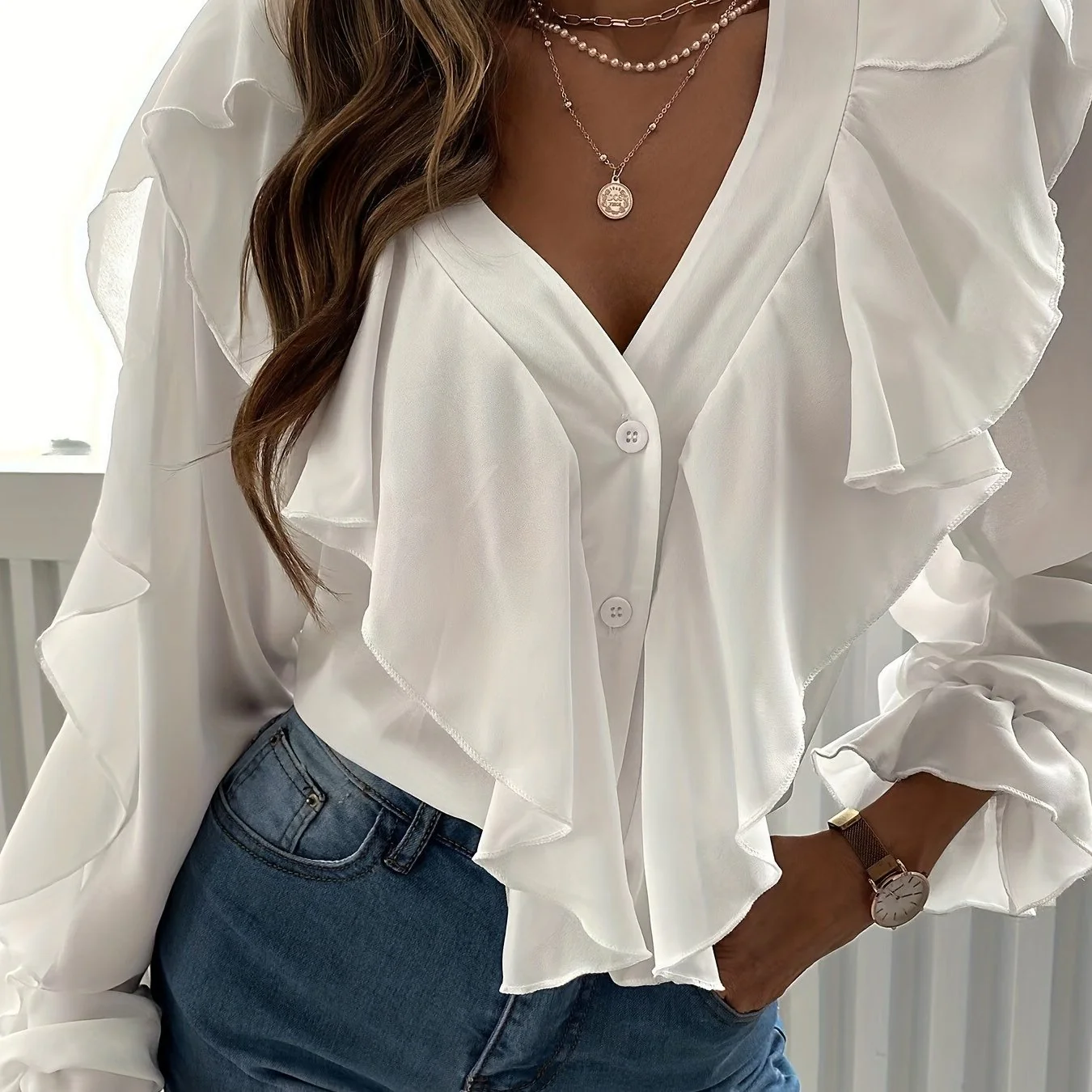 Ruffle Trim Solid Blouse, Sexy V Neck Button Front Long Sleeve Blouse, Women's Clothing - Deanwangkt