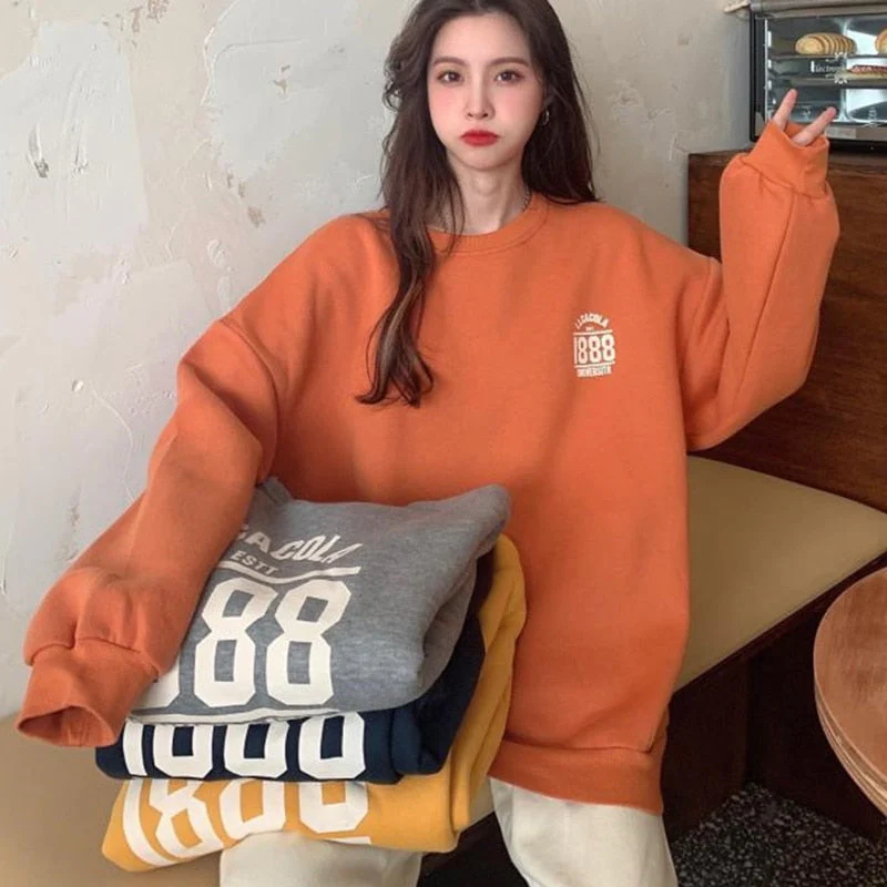 Black Friday Sales Hoodie Women's Round Neck Letter Print Inner Bottoming Hoodie Y2k Loose Trend All-Match Casual Autumn And Winter Pullover - Deanwangkt