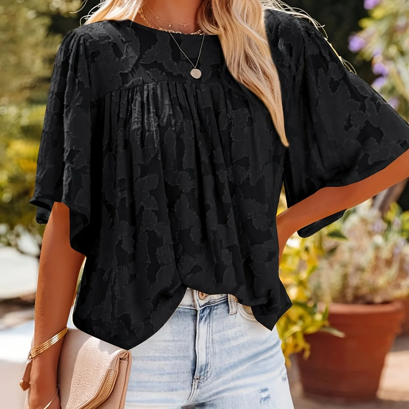 Casual Lace Flare Sleeve Blouse, Short Sleeve Crew Neck Solid Blouse, Casual Every Day Tops, Women's Clothing - Deanwangkt