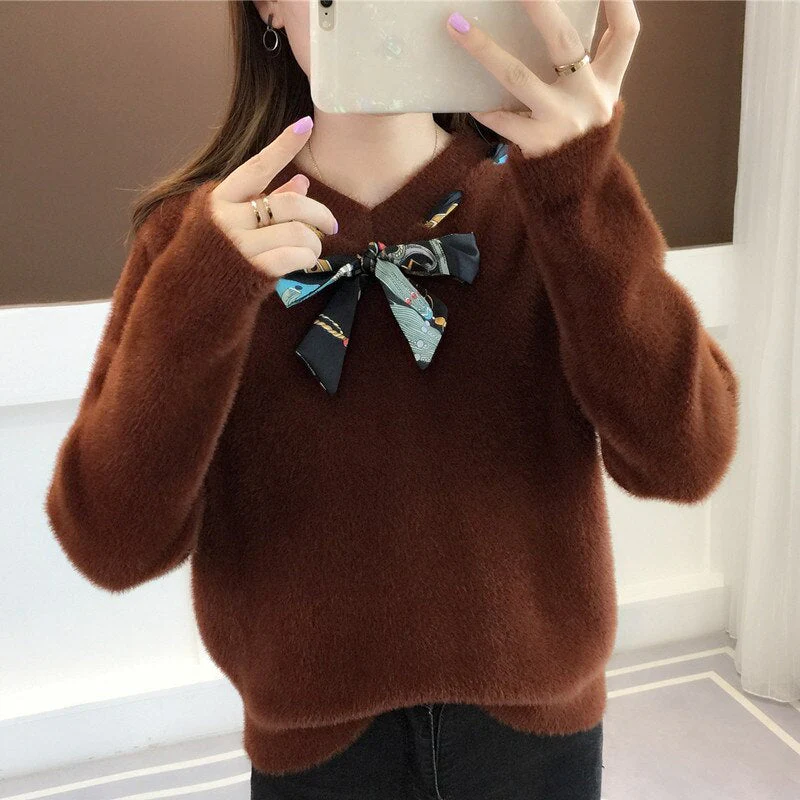 Christmas Gift Deanwangkt New Autumn Winter Women Sweaters Knitted Jumper Bow Tie Pullovers Casual Sweaters Long Sleeve Slim Sweater Femme Pull P800 - Deanwangkt