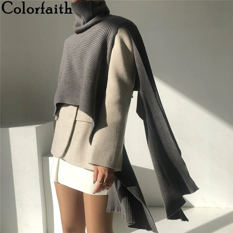 Christmas Gift Deanwangkt New Autumn Winter Women Sweater Sleeveless Vest Waistcoat Turtleneck Irregular Cloak Knitted Short Tops SWV3638 - Deanwangkt