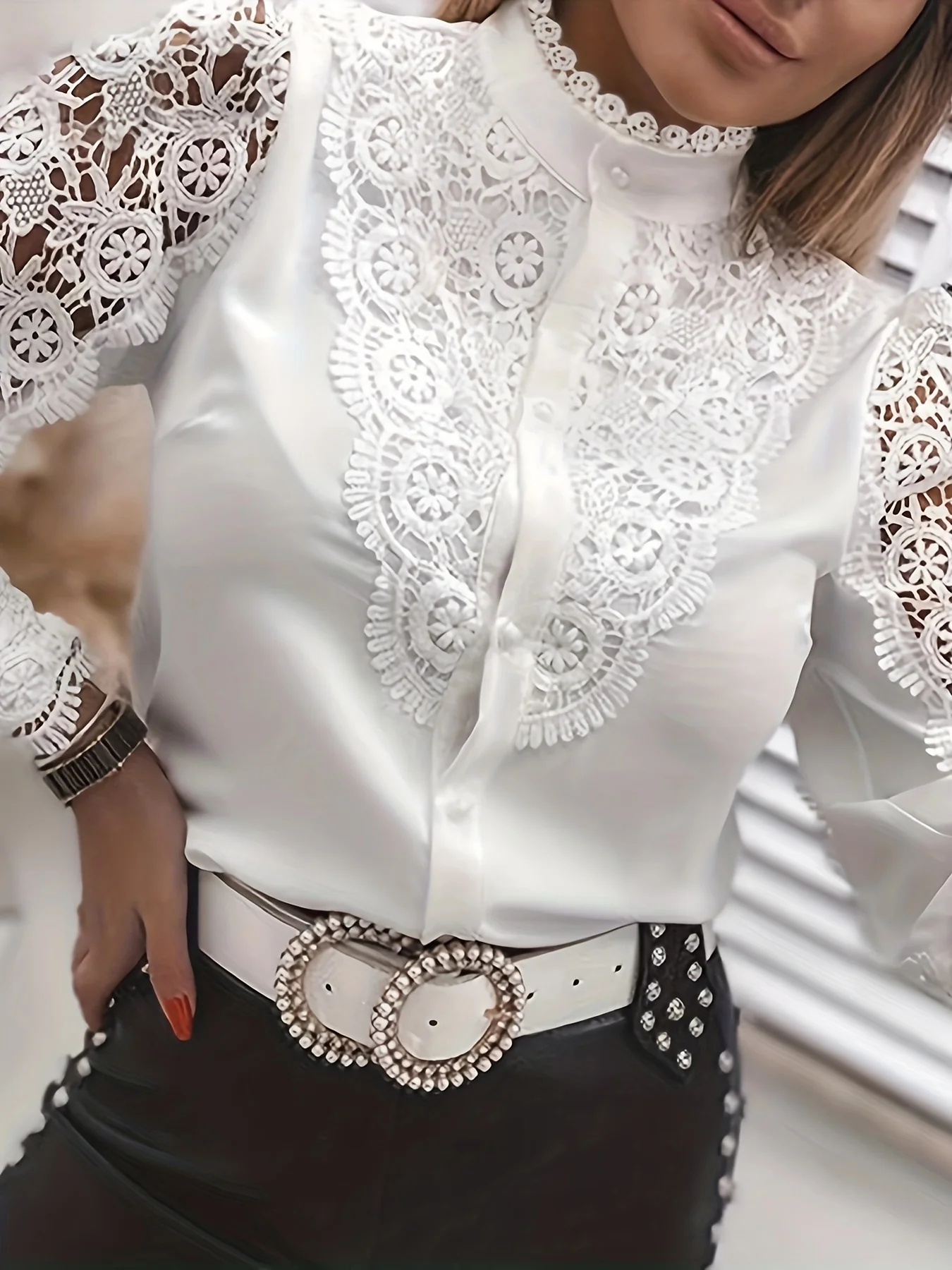 Solid Contrast Lace Blouse, Elegant Mandarin Collar Long Sleeve Blouse, Women's Clothing - Deanwangkt