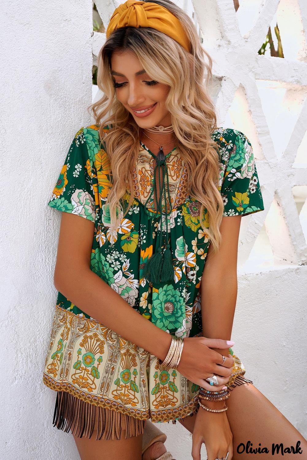 Deanwangkt - Green Bohemian Floral Print Short Sleeve Blouse - Deanwangkt