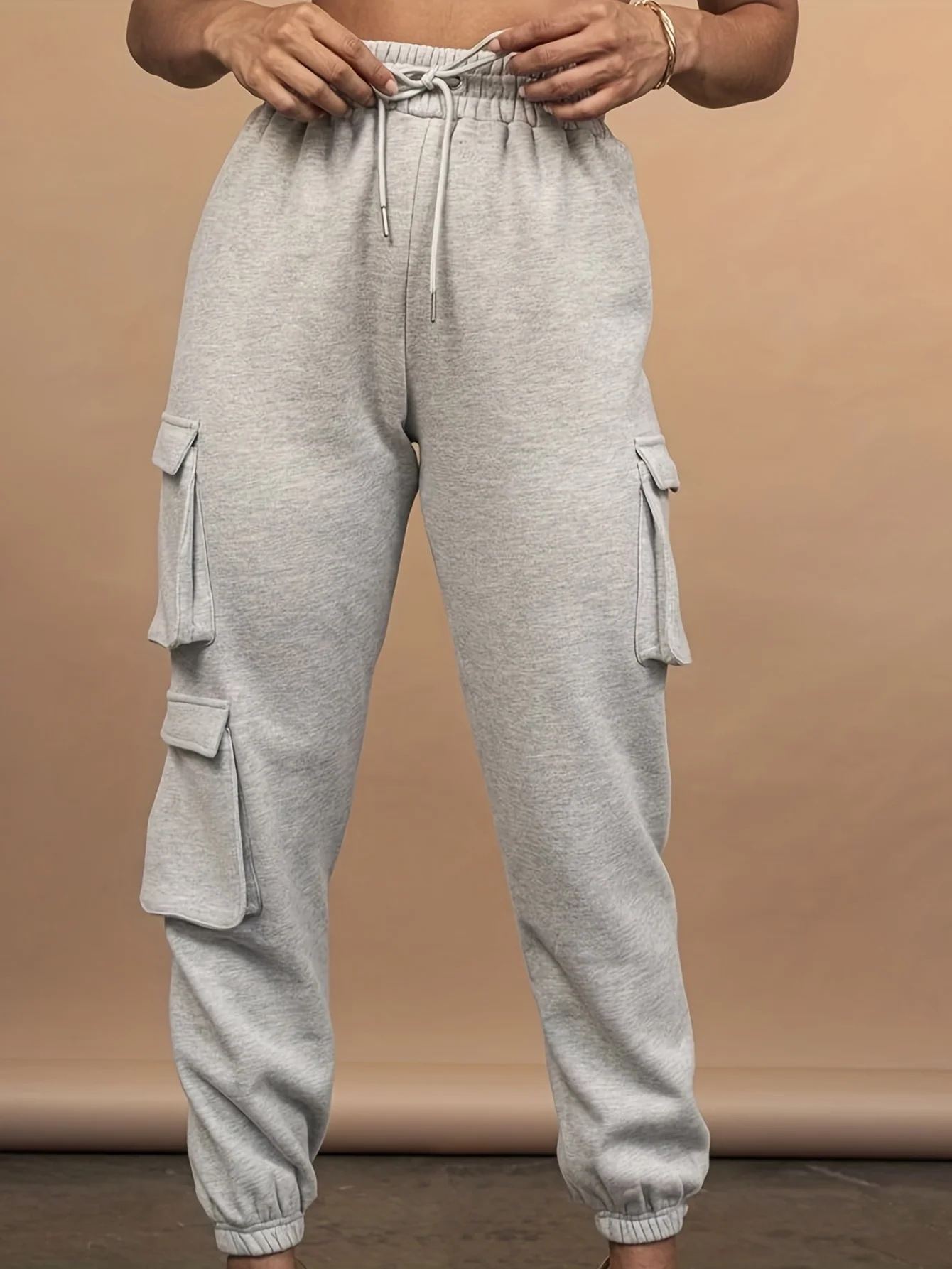 deanwangkt-1  Drawstring Baggy Cargo Pants, Casual High Waist Flap Pockets Pants, Women's Clothing - Deanwangkt