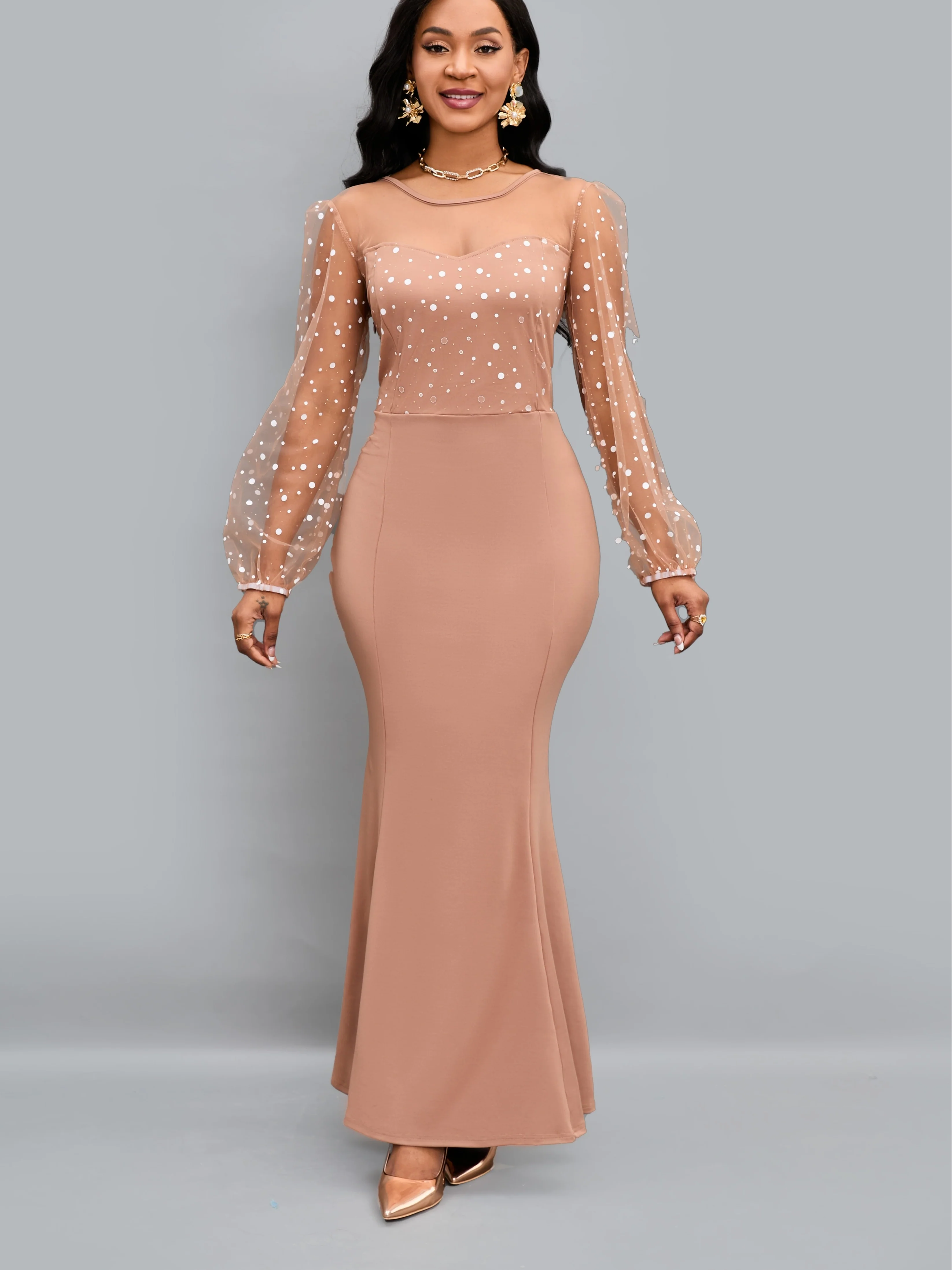 deanwangkt-1  Round Neck Mesh Stitching Dress, Elegant Slim Long Sleeve Waist Long Dresses, Women's Clothing - Deanwangkt