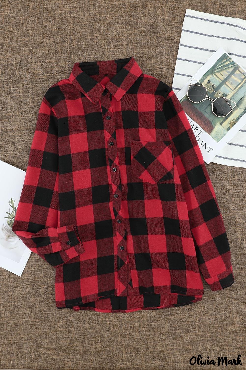 Deanwangkt - Red Buffalo Plaid Blouse with Button Pocket - Deanwangkt