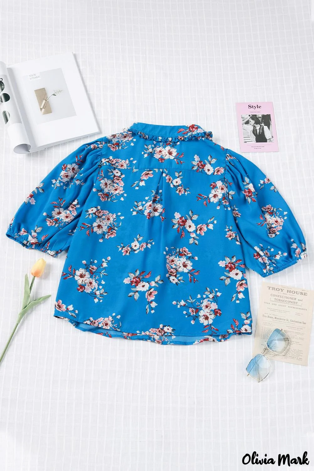 Deanwangkt - Blue Floral Print Button Up Puff Sleeve Blouse - Deanwangkt