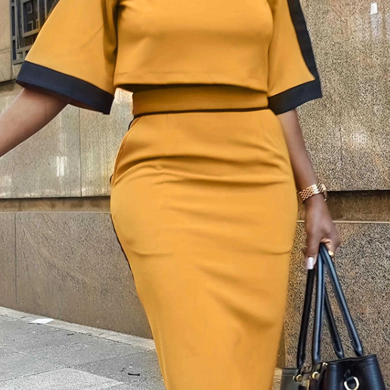 deanwangkt-1  Contrast Trim Two-piece Skirt Set, Half Sleeve Crop Top & Elegant Bodycon Skirt Outfits, Women's Clothing - Deanwangkt