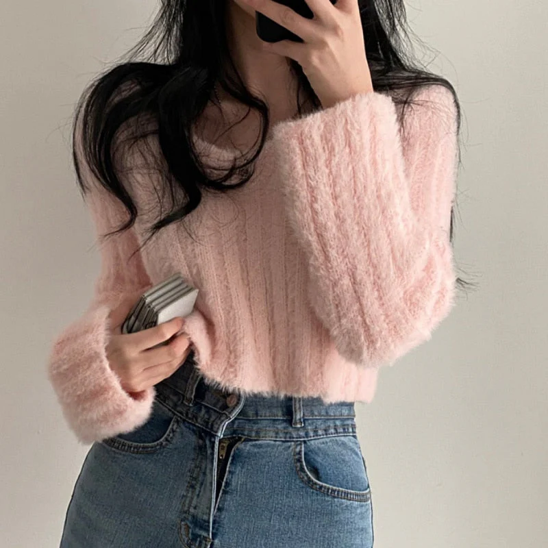 Back To School outfits Y2kpink Sweater Lazy Style Short Chic Gentle Wild Mink V-Neck Short Coat Long-Sleeved Soft Warm Sweater Outer Wear - Deanwangkt