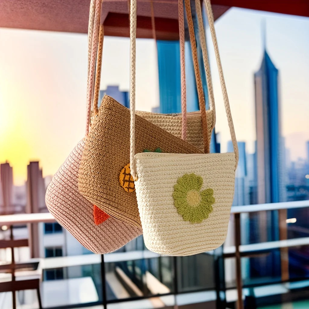 Flower & Fruits Pattern Woven Shoulder Bag, Minimalist Small Straw Crossbody Bag, Bohemian Summer Bag - Deanwangkt