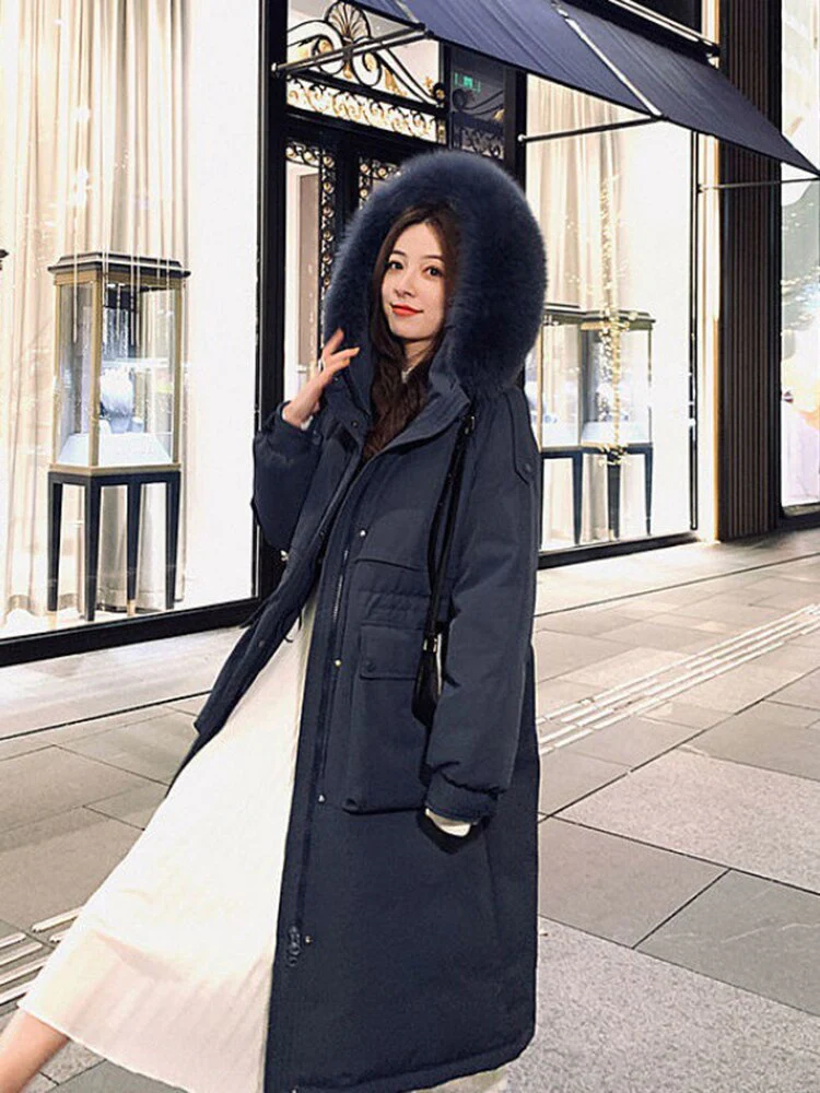 Black Friday Sales Deanwangkt New Fashion Down Jacket Women Medium Length Thickened Fox Hair Collar Slim Knee Hooded Warm Outdoor Coat - Deanwangkt