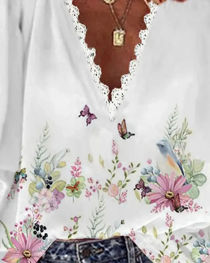 Deanwangkt - Floral Butterfly Print Contrast Lace V-Neck Top - Deanwangkt