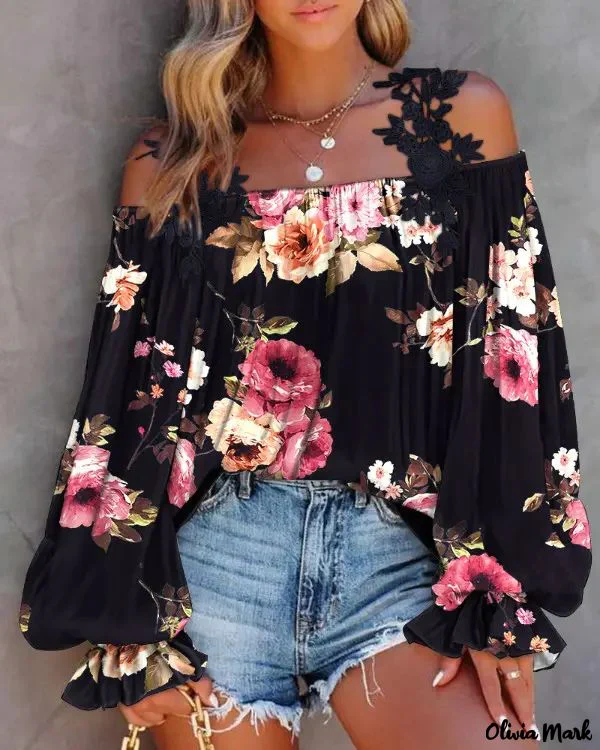 Deanwangkt - Floral Print Lace Patch Off Shoulder Top - Deanwangkt