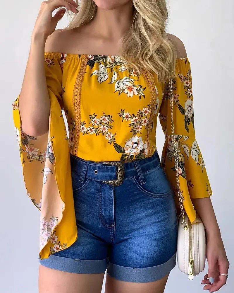Deanwangkt - Off-the-Shoulder Floral Print Bell-Sleeve Top - Deanwangkt