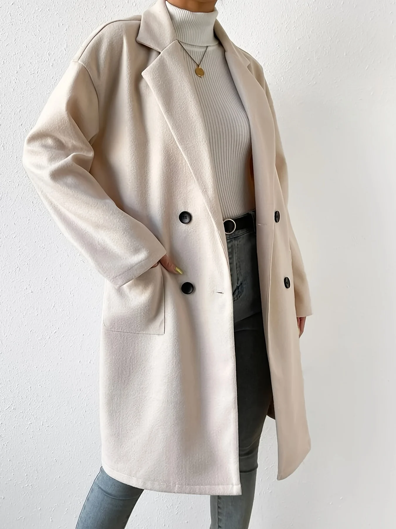 deanwangkt-1  Double Breasted Solid Overcoat, Elegant Lapel Long Sleeve Outerwear, Women's Clothing - Deanwangkt