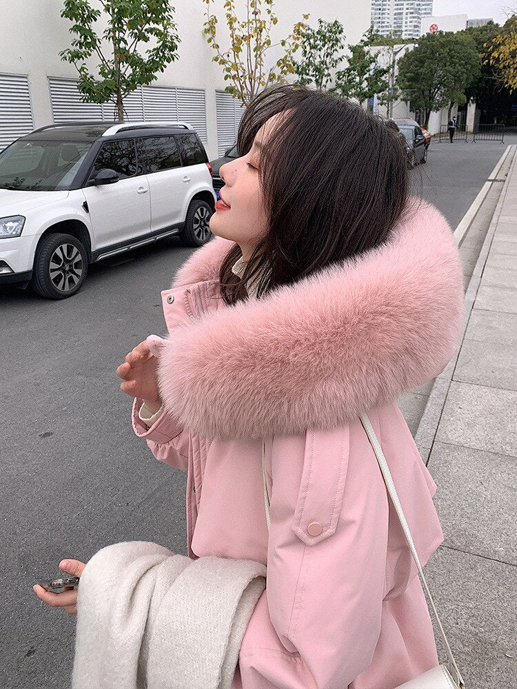 Black Friday Sales Deanwangkt New Fashion Down Jacket Women Medium Length Thickened Fox Hair Collar Slim Knee Hooded Warm Outdoor Coat - Deanwangkt