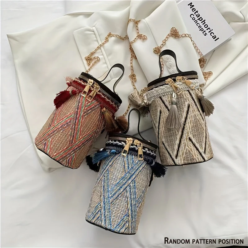 Ethnic Plaid Pattern Barrel Bag, Vintage Design Crossbody Bag, Women's Zipper Shoulder Bag With Tassel Decor - Deanwangkt