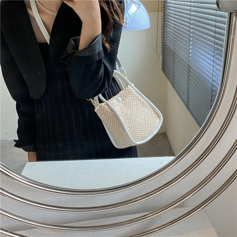 Mini Straw Woven Crossbody Bag, Summer Beach Shoulder Bag, Women's Casual Handbag & Bucket Purse For Travel - Deanwangkt