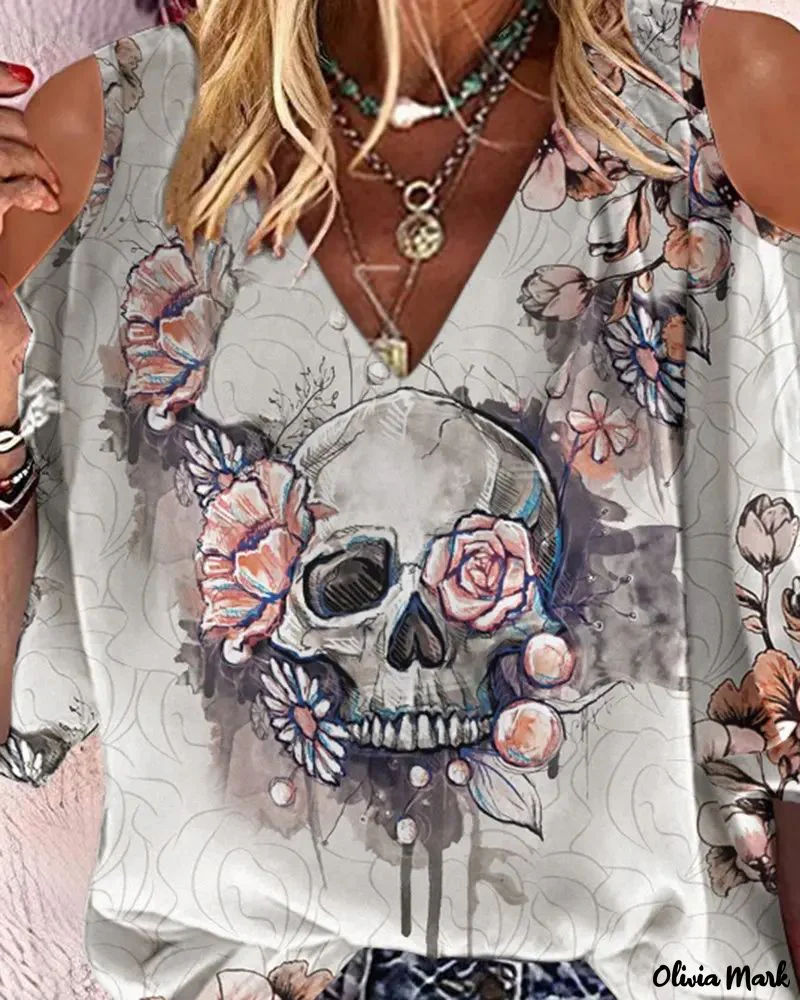 Deanwangkt - Halloween Skull Floral Print Off Shoulder Top - Deanwangkt