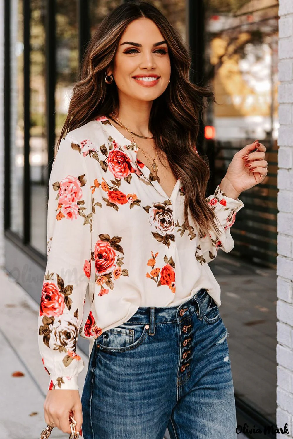 Deanwangkt - Beige Floral Print V-Neck Button Down Blouse - Deanwangkt