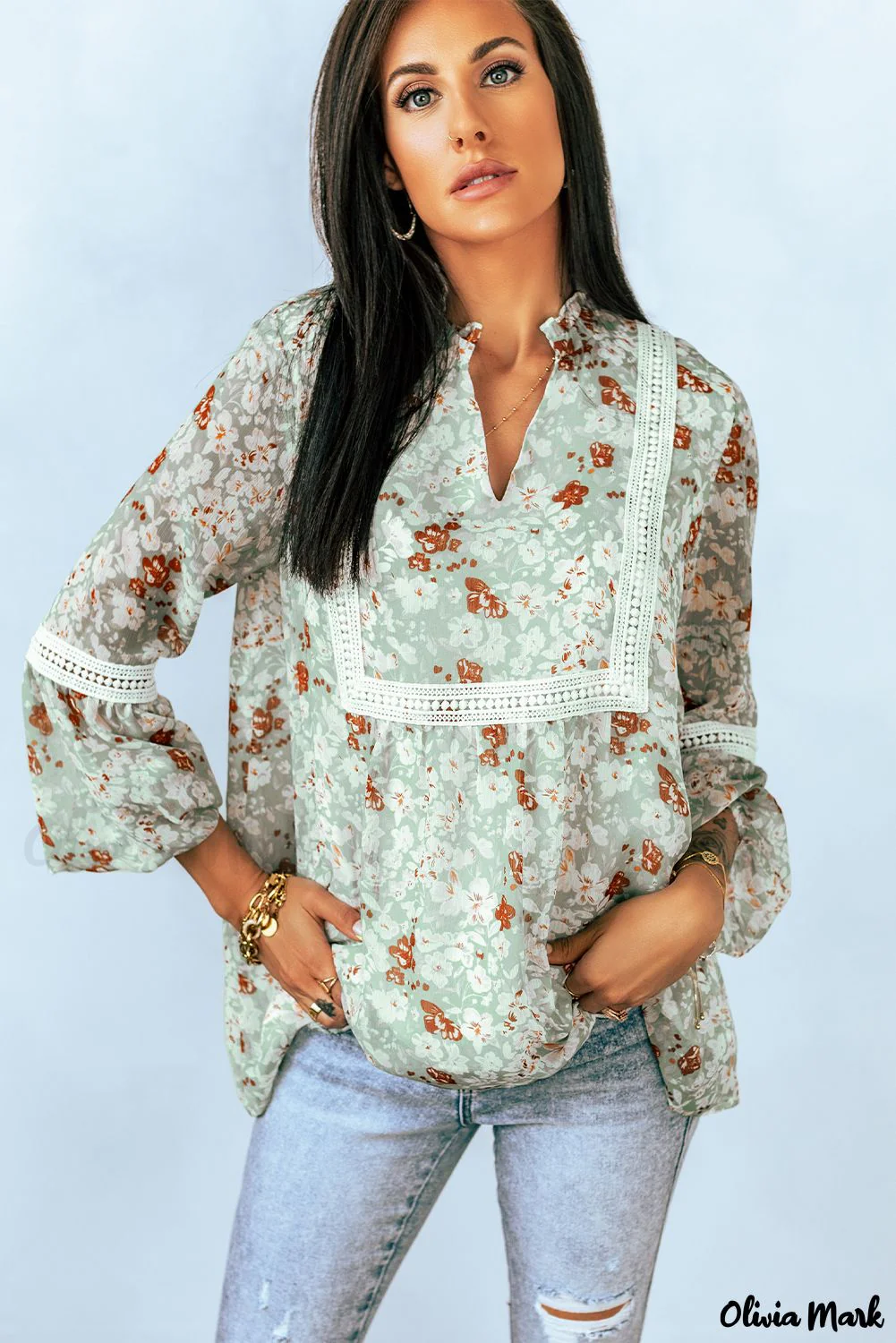 Deanwangkt - Green blouse with floral print and crochet lace - Deanwangkt