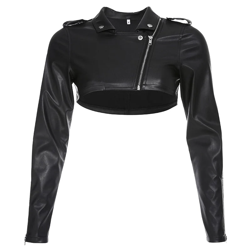 Black PU Leather Crop Jacket Street Wear Punk Style Womens Coats Long Sleeve Turn-Down Zipper Short Jacket Deanwangkt Fashion - Deanwangkt