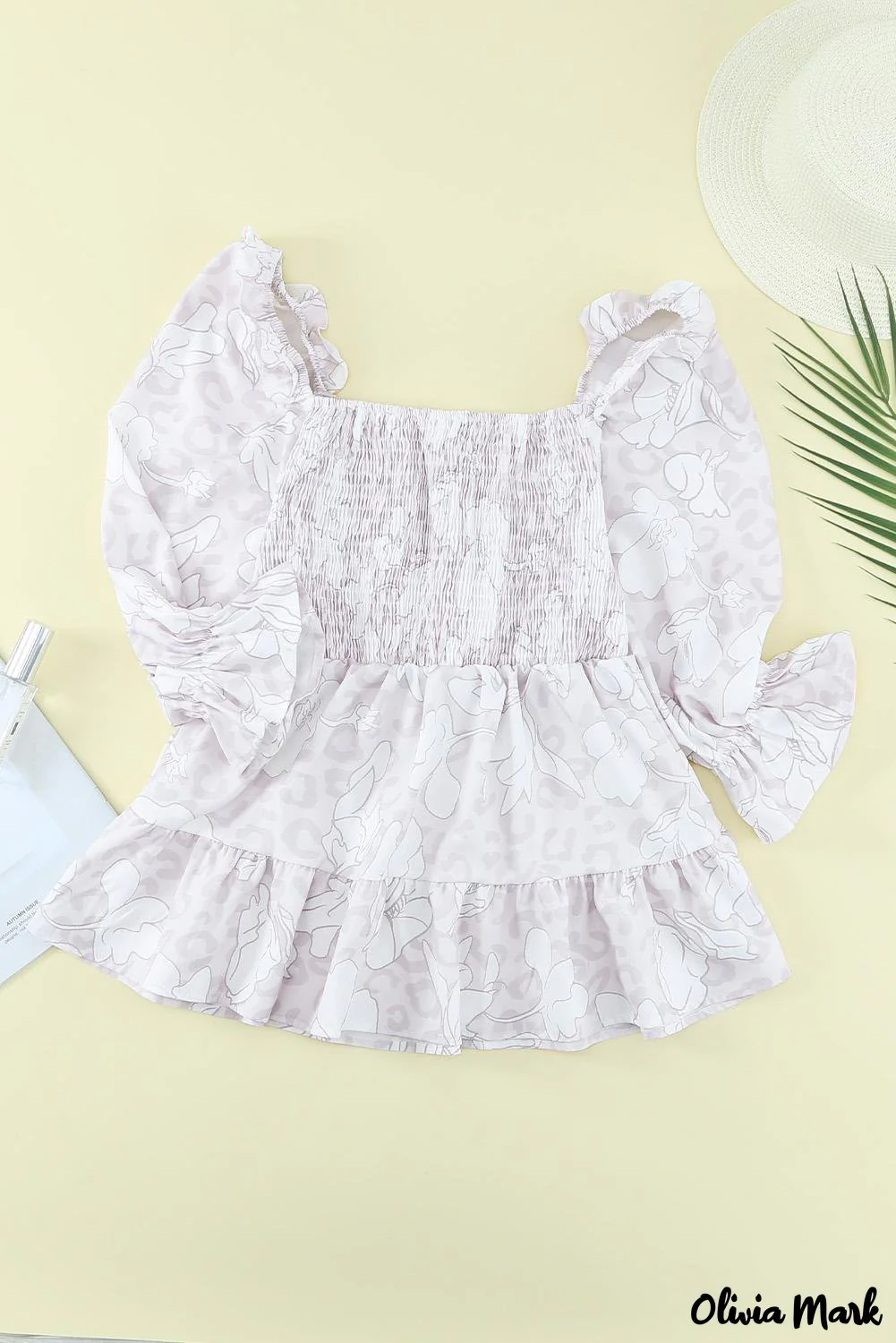 Deanwangkt - Floral Leopard Smocked Square Neck Peplum Top - Deanwangkt