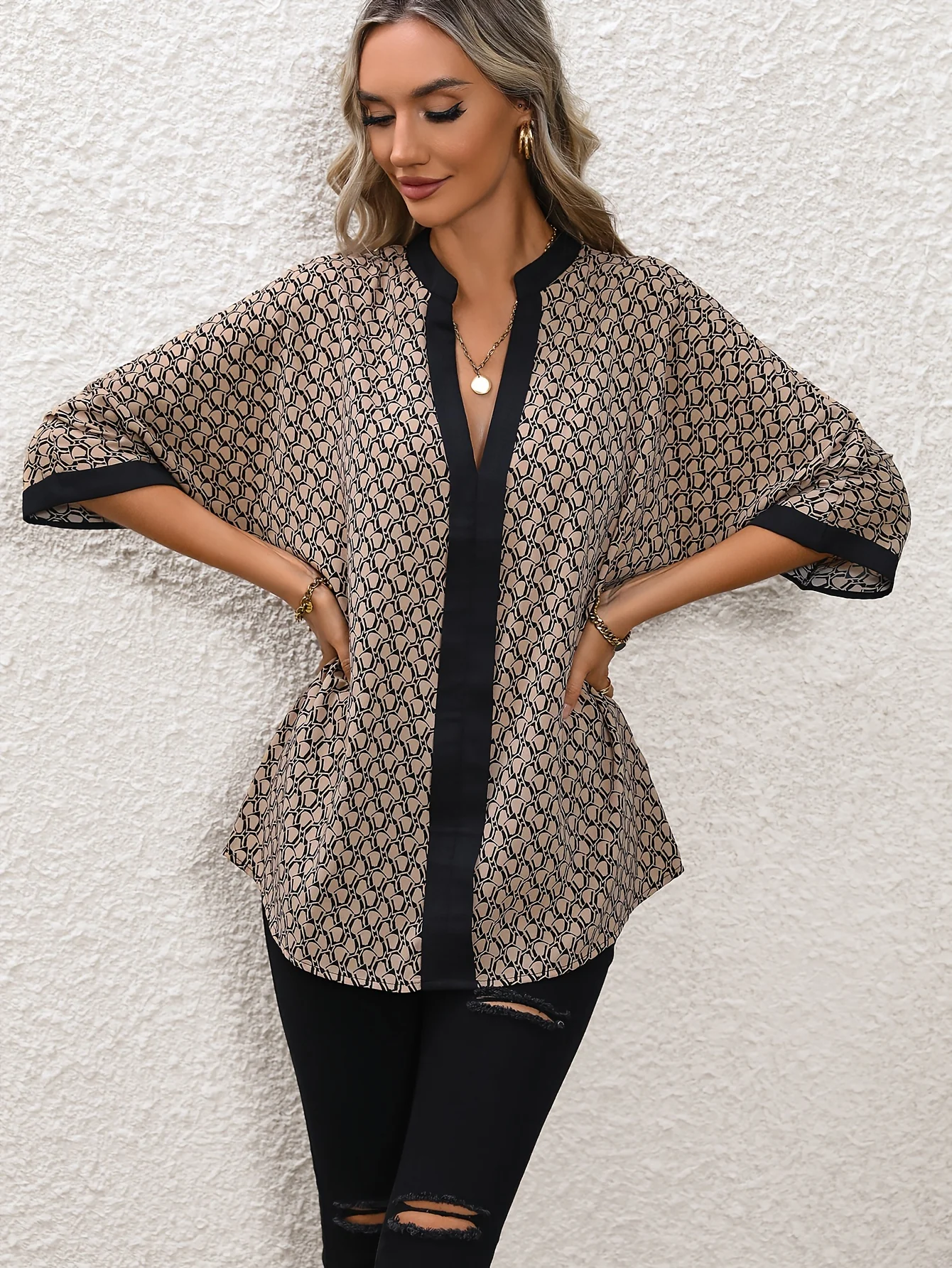 Full Printed Half Sleeve Blouse, Elegant Versatile V Neck Blouse, Women's Clothing - Deanwangkt