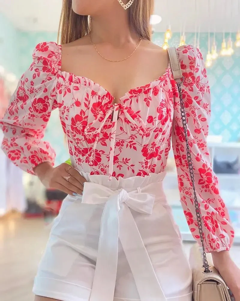 Deanwangkt - Floral print top with puff sleeves and ruffled hem - Deanwangkt